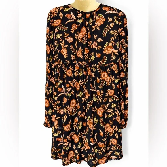 Billabong Hearts Desire Floral Boho Mini Dress Large Black Orange Long Sleeve - Picture 3 of 8